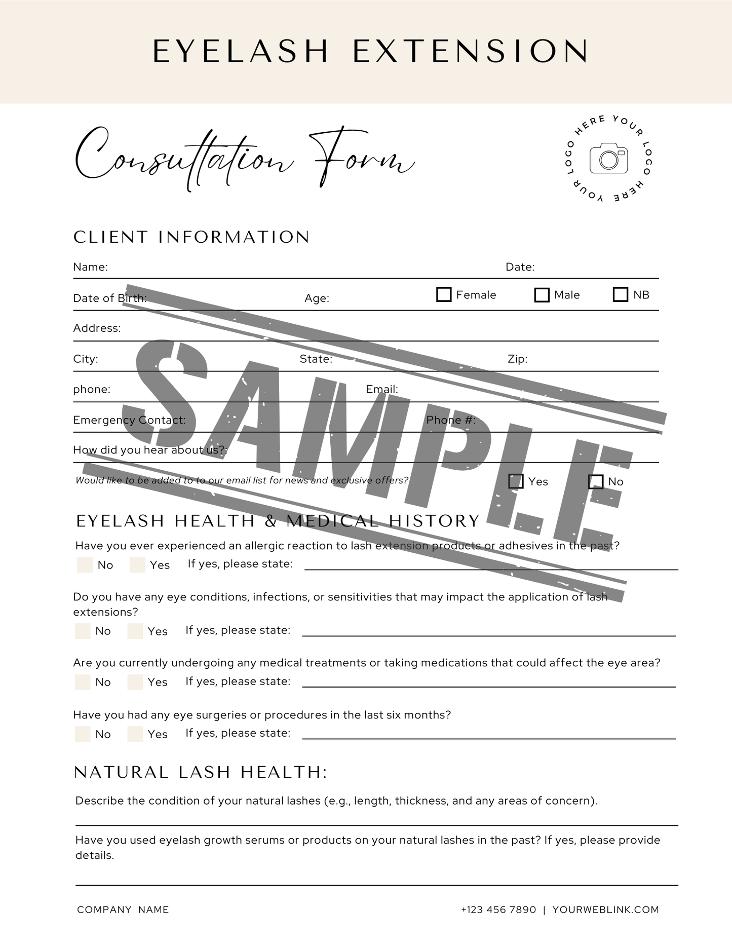 Eyelash Extension Consent Forms, Consultation Forms, Policies and Record Cards