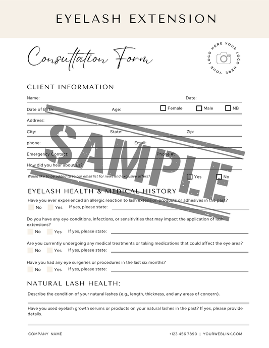 Eyelash Extension Consent Forms, Consultation Forms, Policies and Record Cards