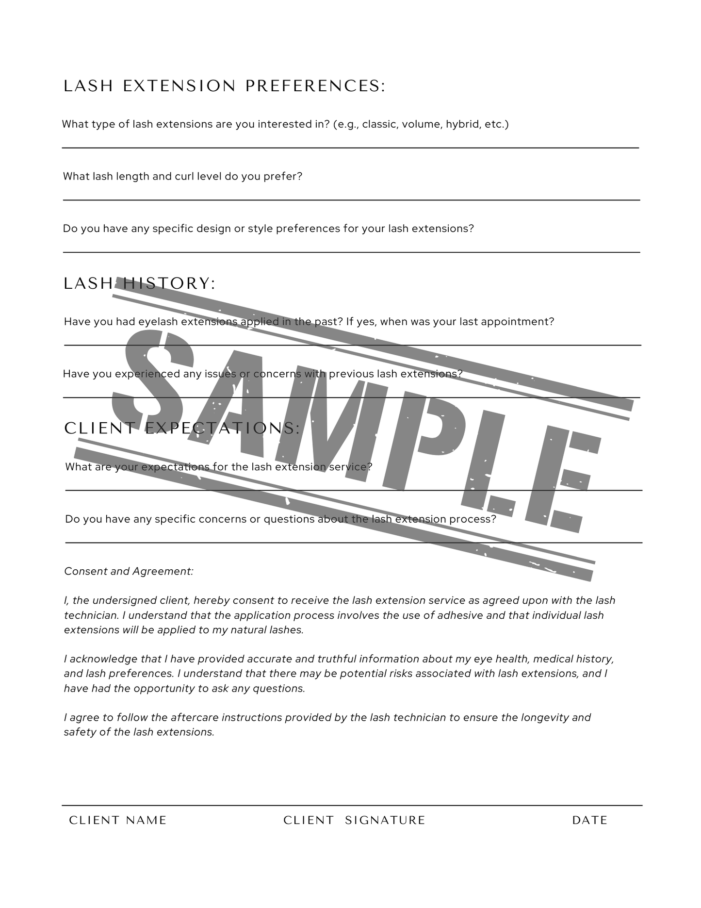 Eyelash Extension Consent Forms, Consultation Forms, Policies and Record Cards